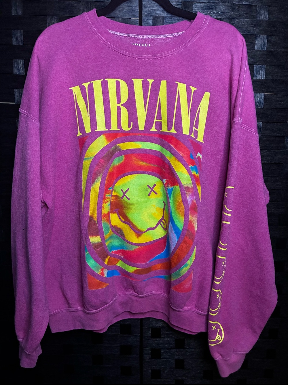 Urban Outfitters Magenta Nirvana Crewneck with Rainbow Smiley Graphic